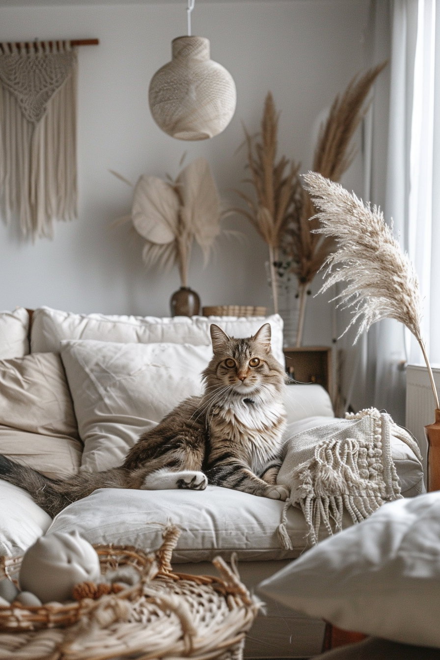 Cozy cat lounging in serene boho room with beige decor