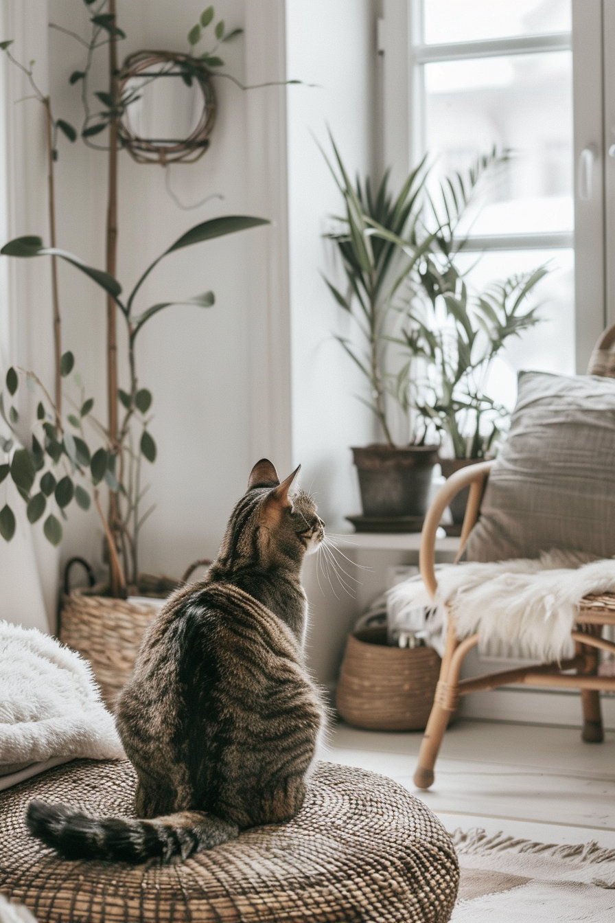 Cat lounging in serene boho room with beige tones