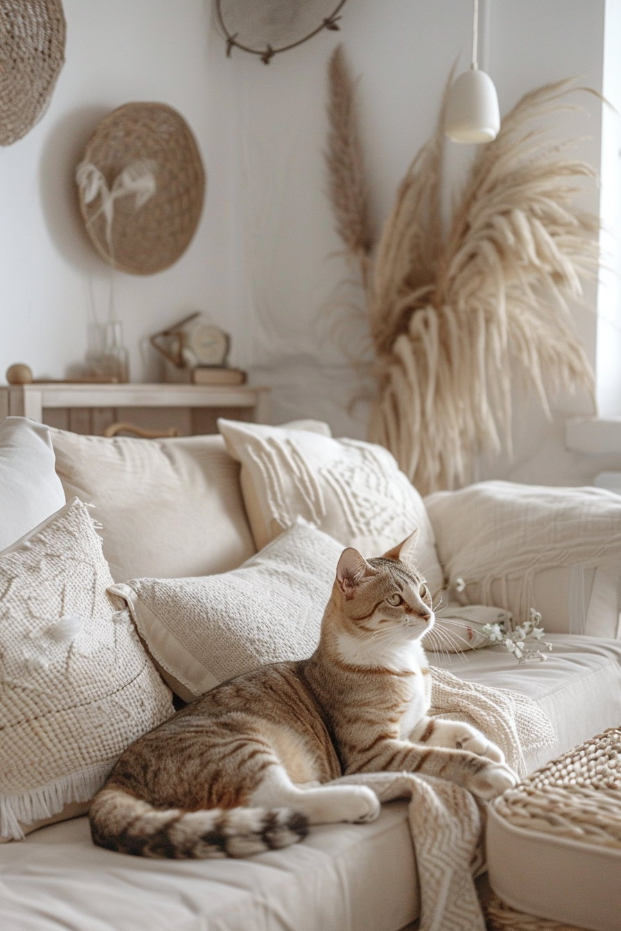 Cat lounging in a serene boho room with beige tones