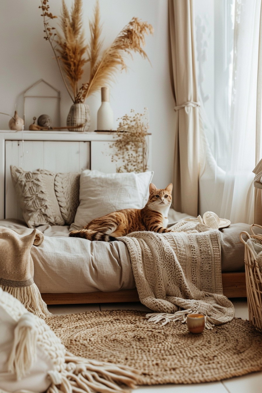 Calm cat lounging in soft beige boho room