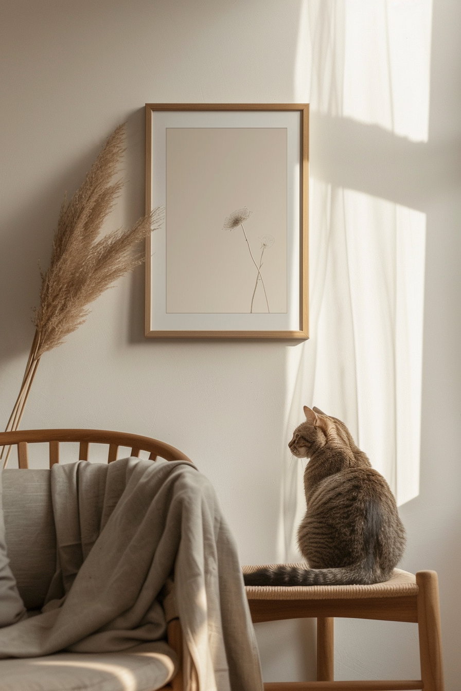 Neutral cat wall art on beige background with minimalist design