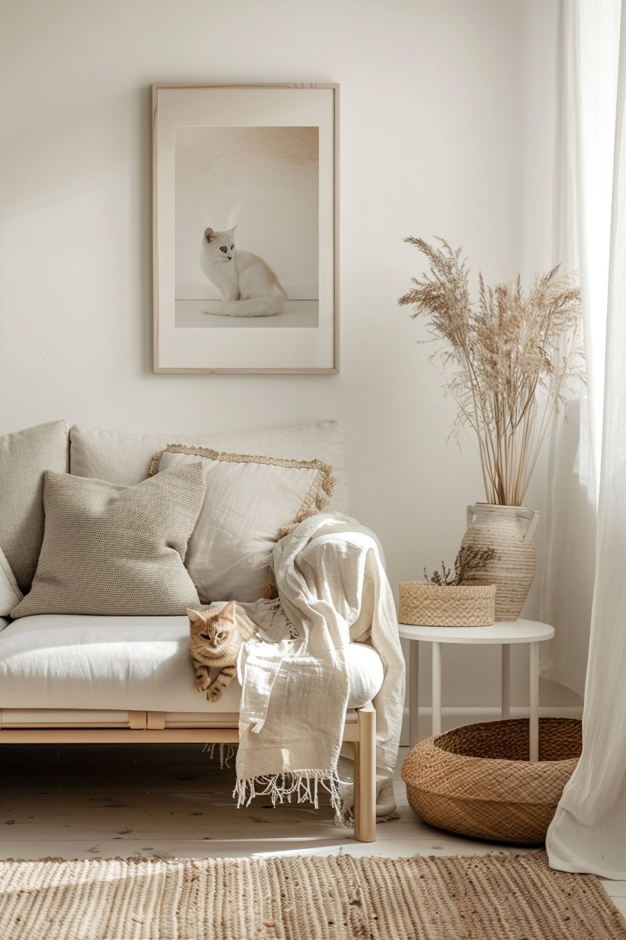 Neutral cat wall art print in beige tones