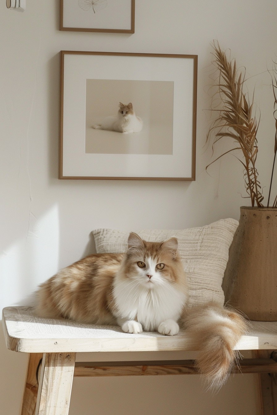 Minimalist cat decor in soft neutral tones and shapes
