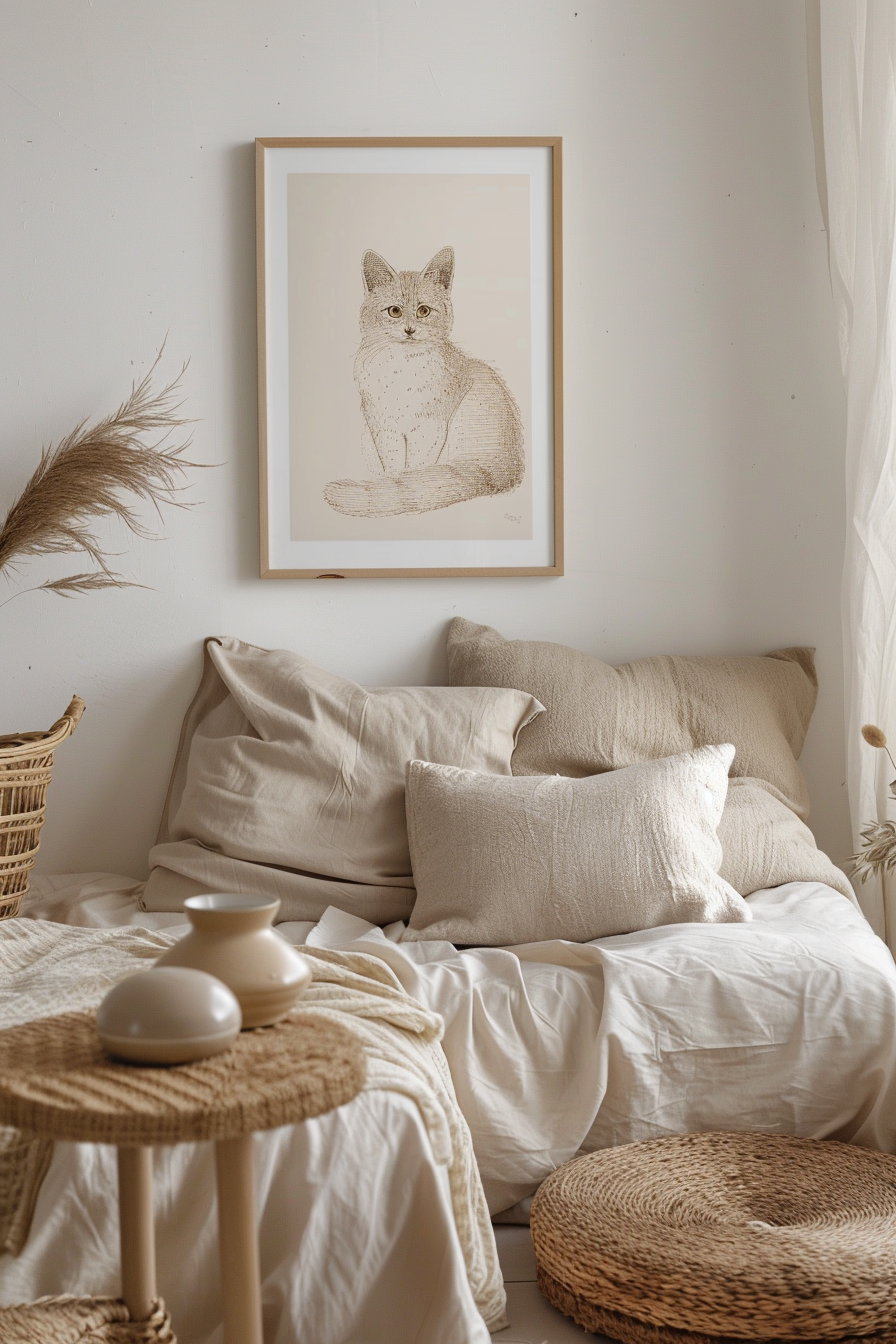 Neutral cat artwork in beige tones with modern minimal design