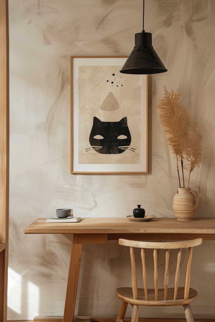 Neutral cat art print in wooden frame on beige background