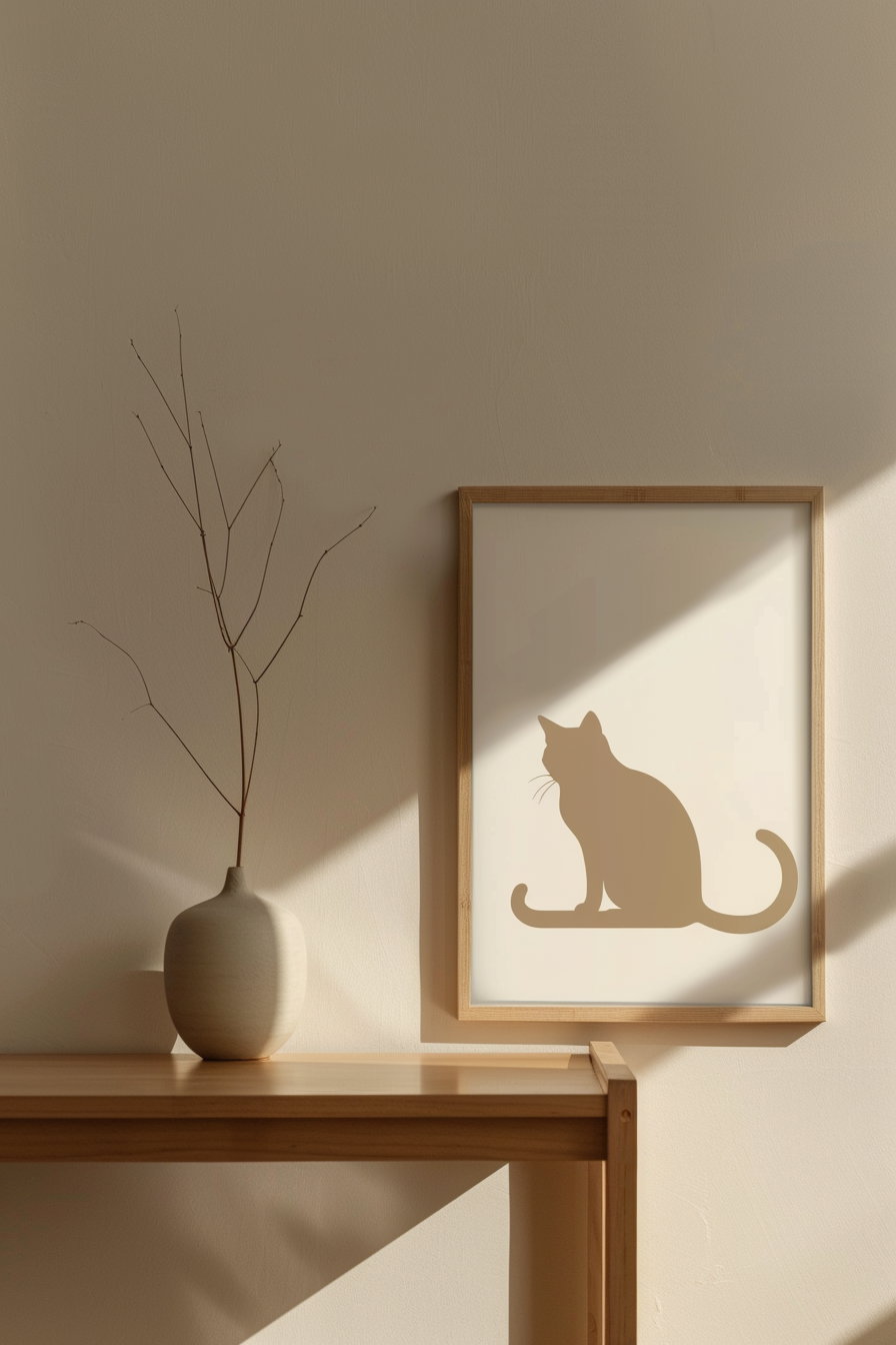 Neutral cat art print in wooden frame on beige background