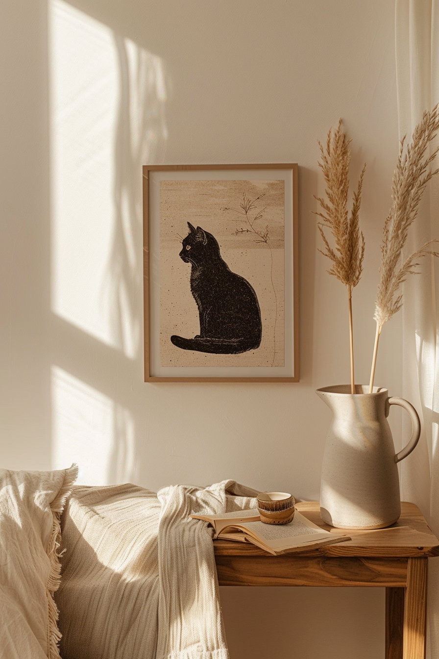 Neutral cat art print in wooden frame on beige wall
