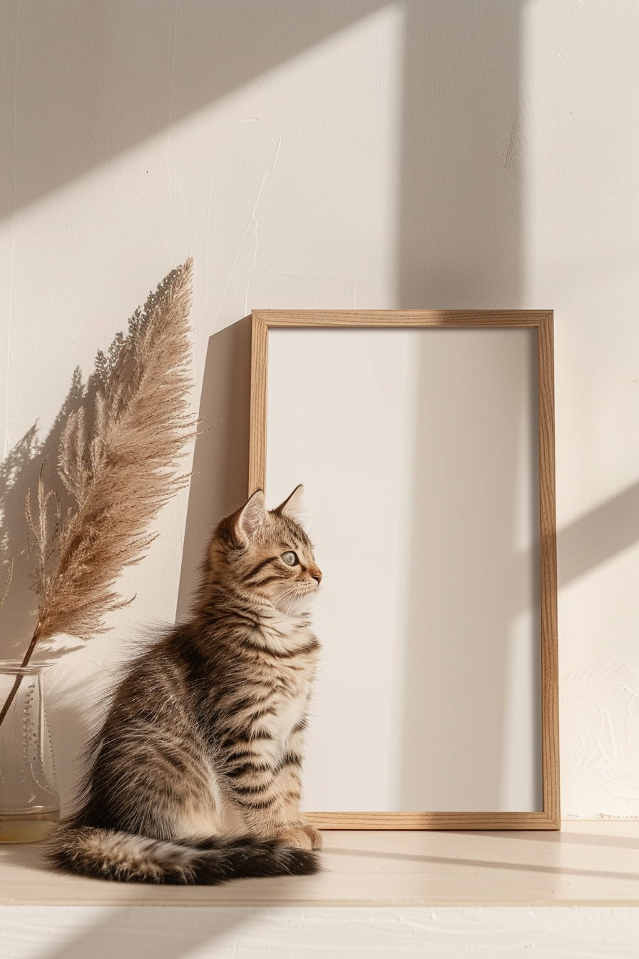 Neutral cat art print in wooden frame on beige wall