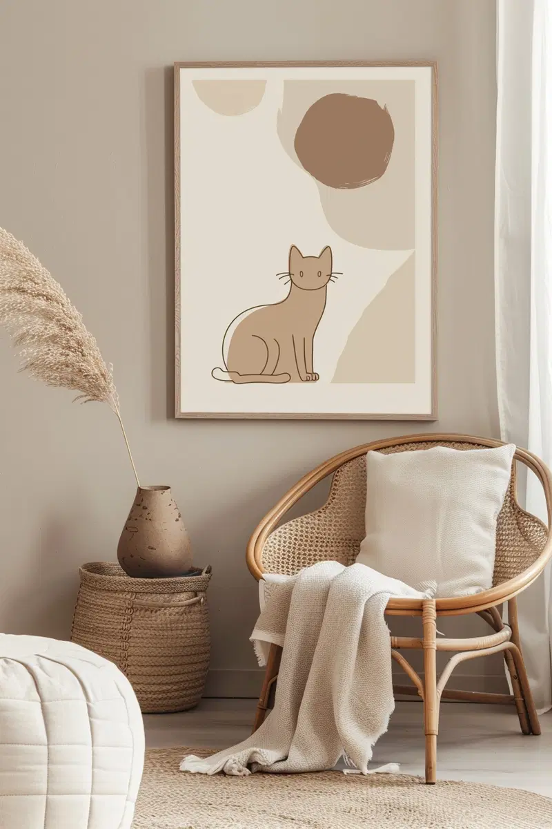 Neutral Cat Decor Printable Wall Art with Abstract Shapes