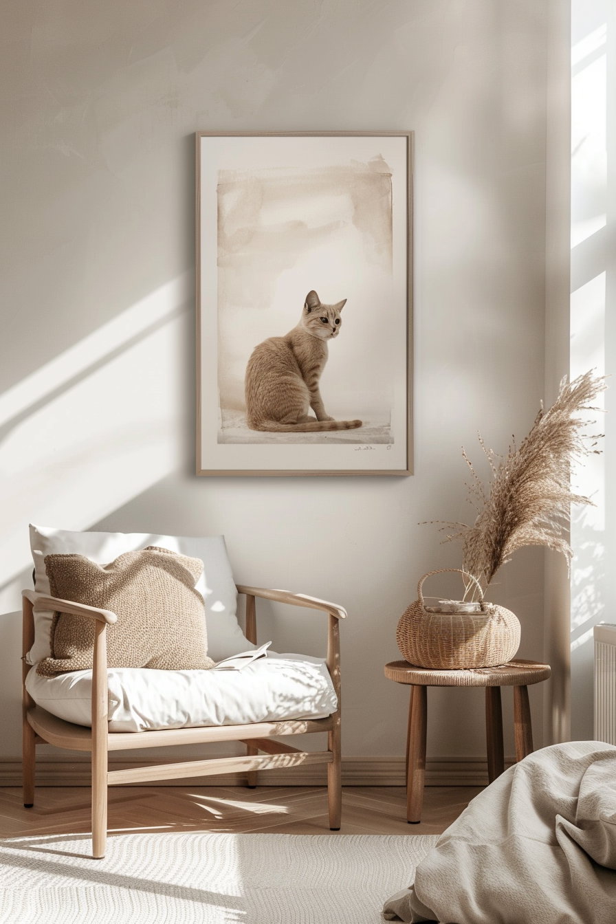 Neutral-toned cat wall art with soft shadows and simple layout