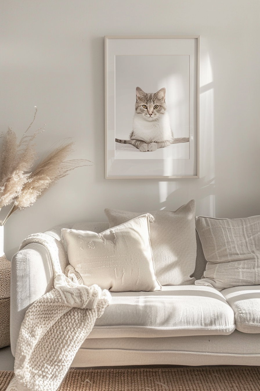 Neutral toned cat wall art with soft shadows and simple layout