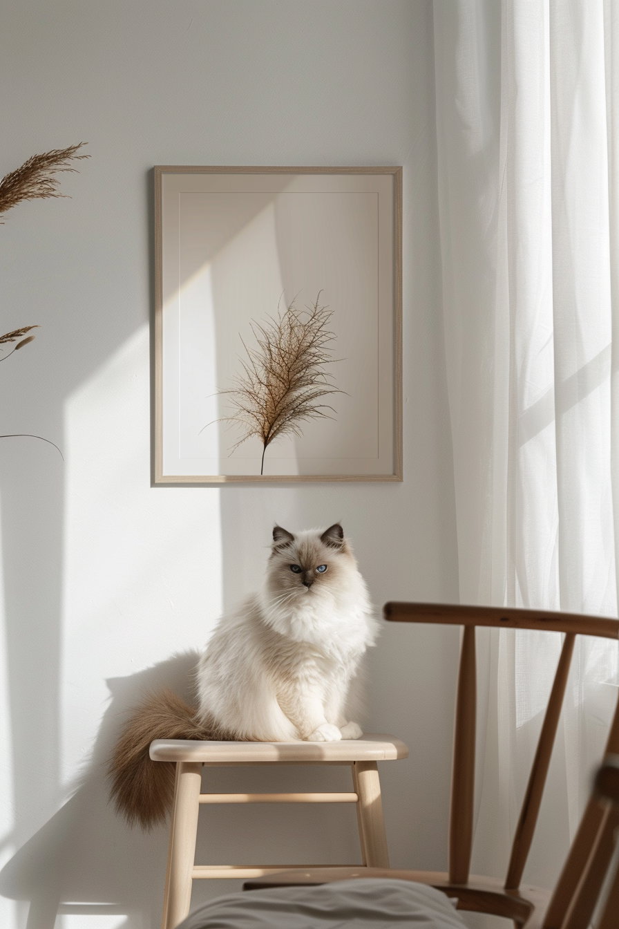Minimalist cat print poster in neutral colors on clean background