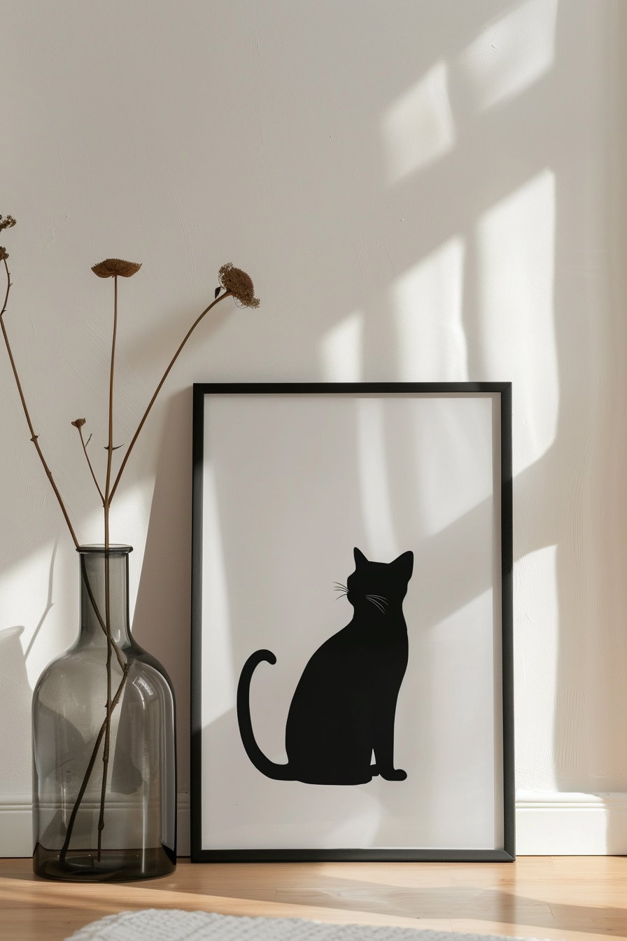 Minimalist cat print in neutral tones on framed poster