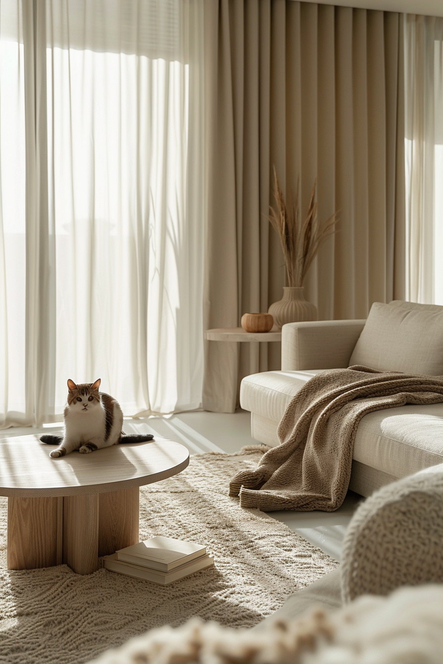 Luxury modern living room with neutral cat decor and soft textures