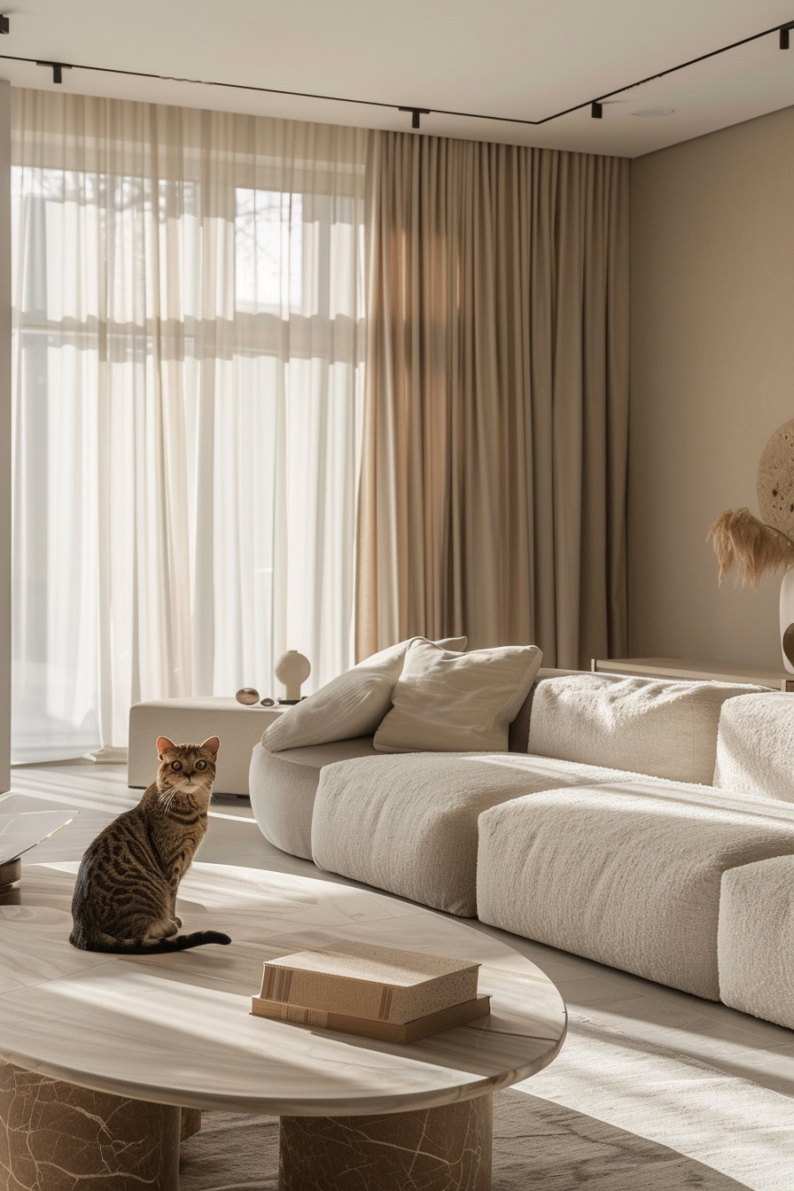 Luxury neutral cat decor in modern beige living room