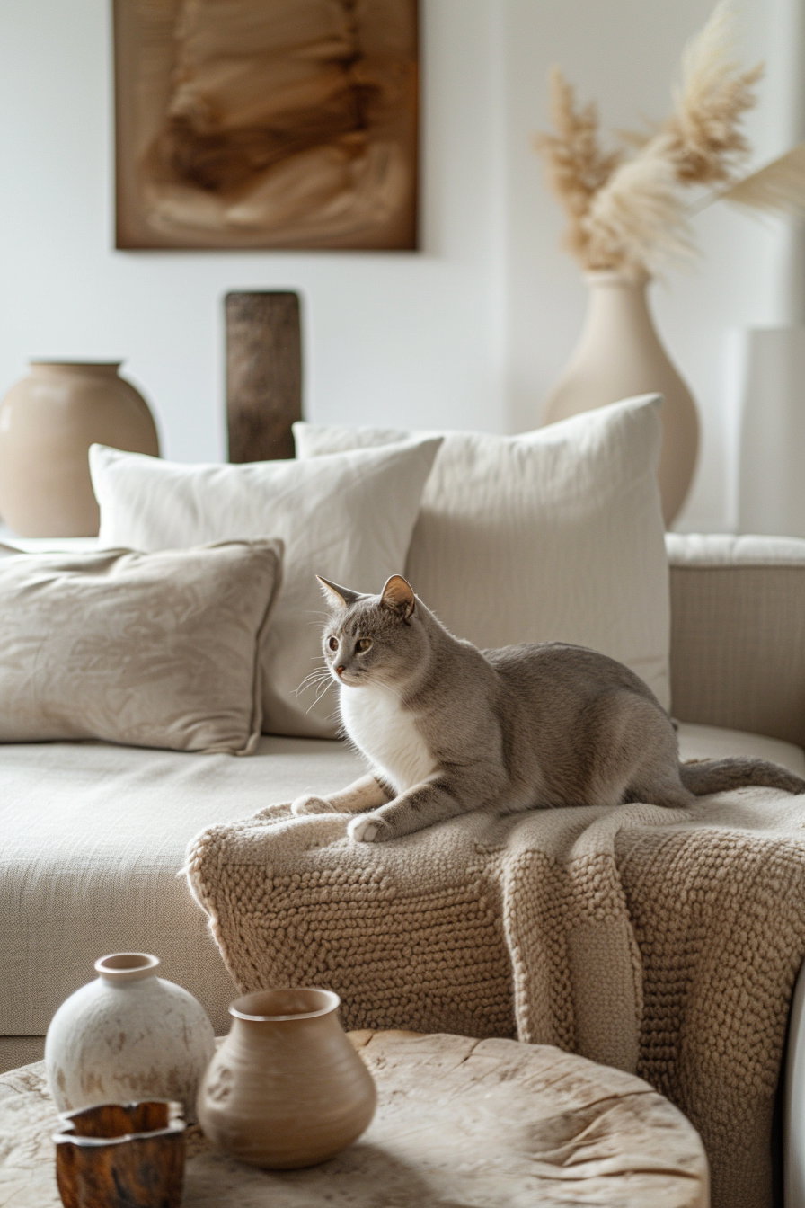 Luxury modern living room with neutral cat decor and soft textures