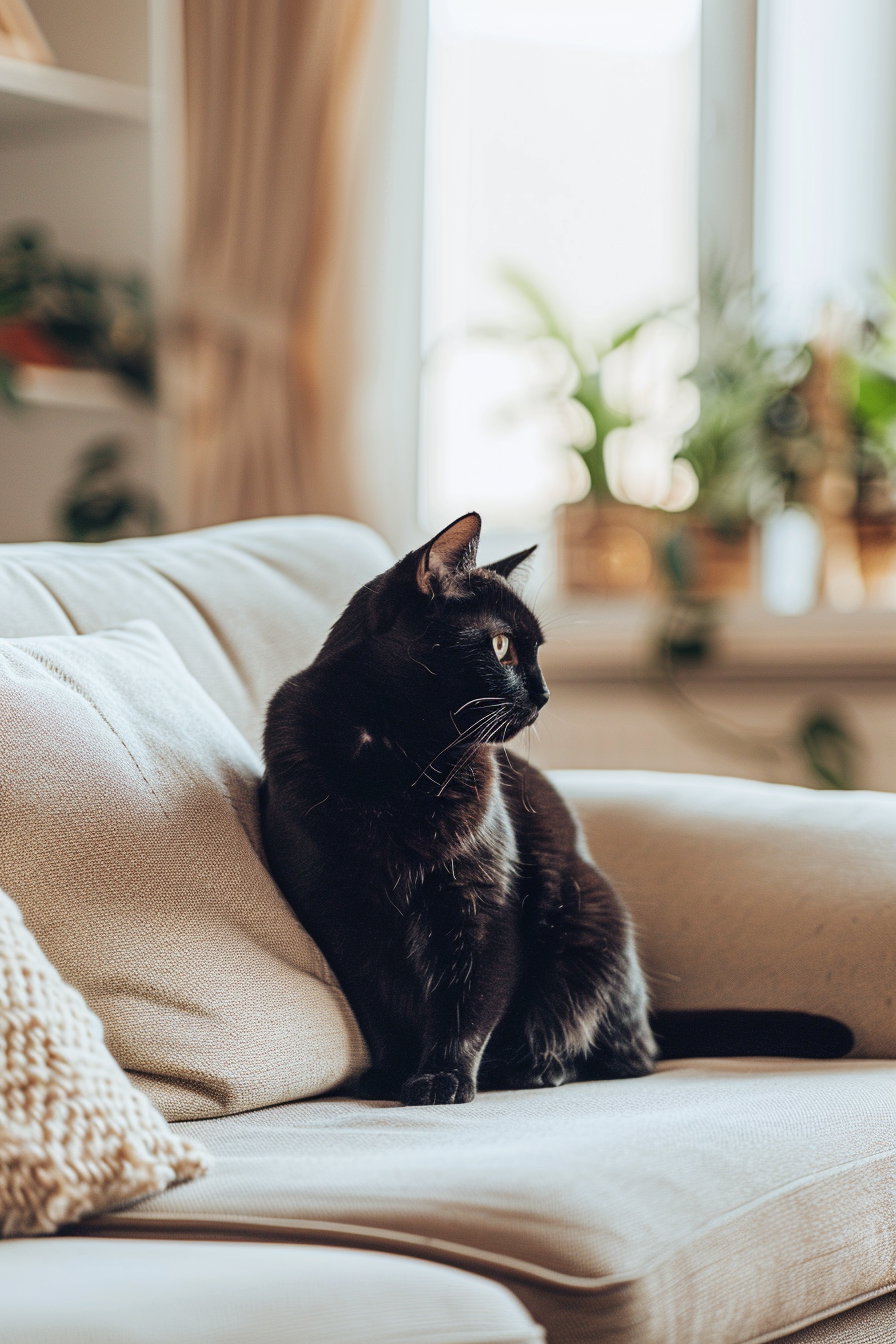 Black cat lounging in elegant neutral interior with premium furniture