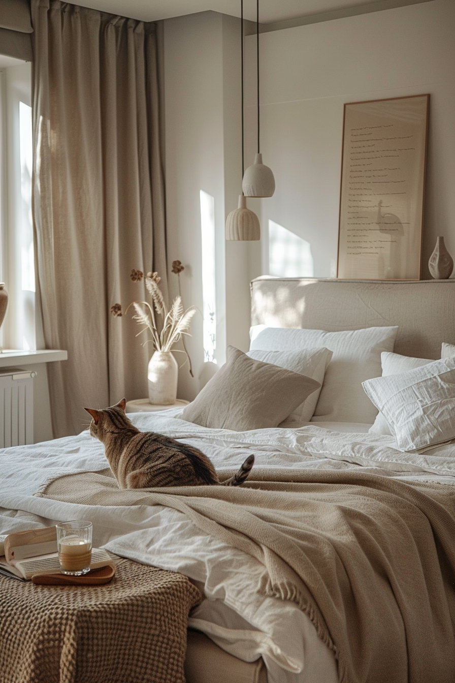 Minimalist cat decor in luxury beige bedroom with soft fabrics