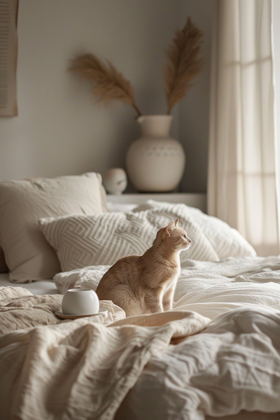 Minimalist cat decor in luxury beige bedroom setting