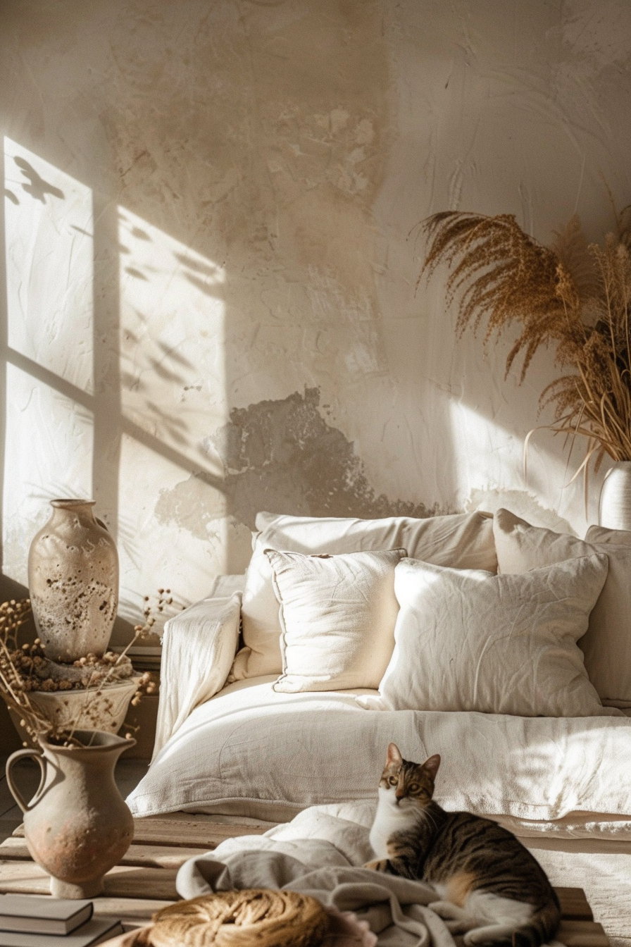 Luxury cat decor in warm beige minimalist setting
