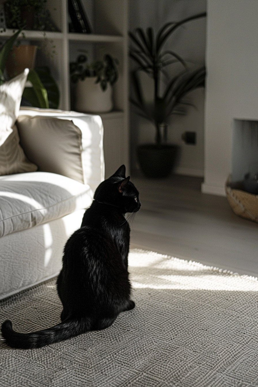 Black cat lounging in elegant neutral living room design