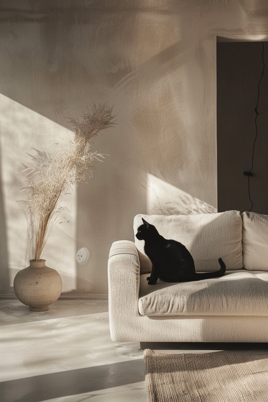 Black cat lounging in elegant neutral living room design