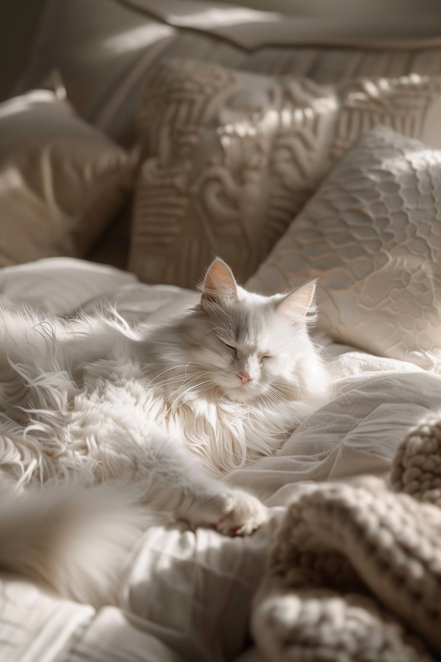 Cat lounging in a luxurious neutral interior with soft textures