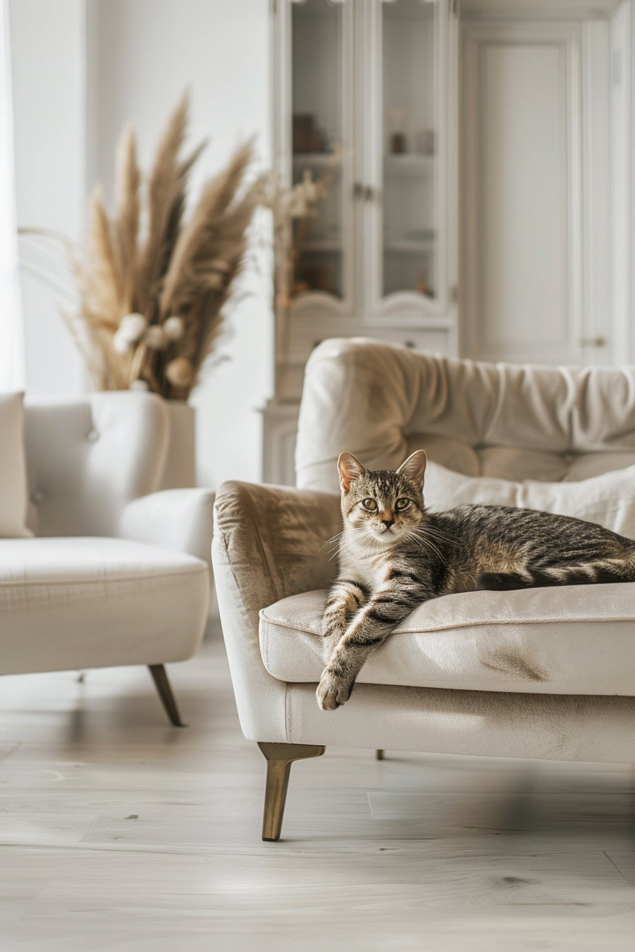 Cat lounging in elegant neutral interior with soft textures