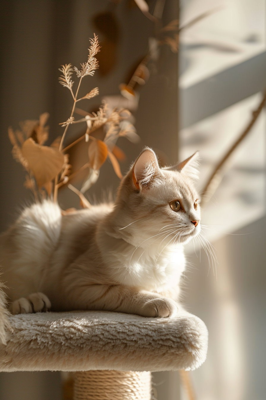 Cat lounging in elegant neutral interior with soft textures