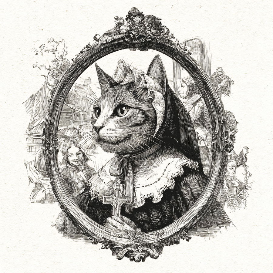 Old nun cat holding cross in vintage family portrait