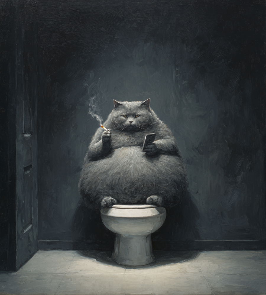 Obese gray cat on toilet smoking cigarette and using phone
