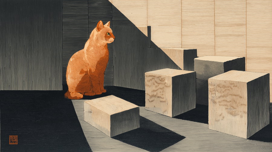 Orange cat among rectangular blocks in high contrast wood-block print