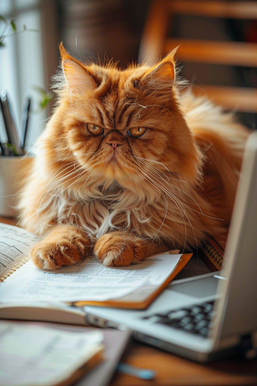 Serious orange cat working on laptop in cozy office