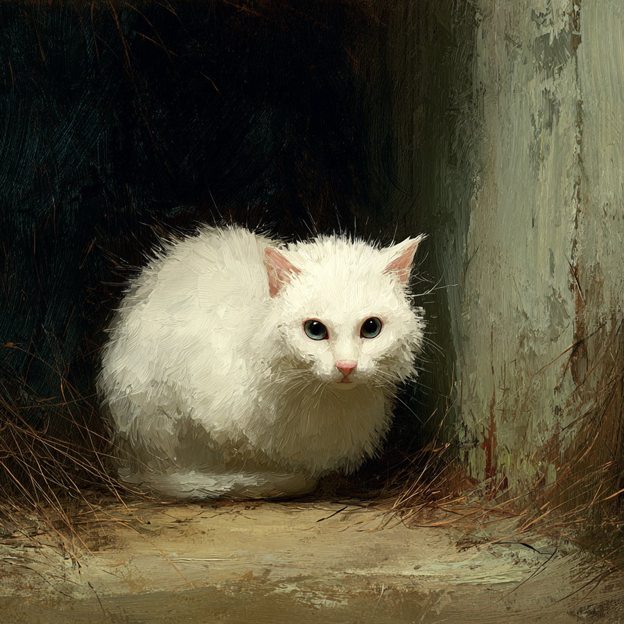 Pale white cat lounging in sunlit garden grass