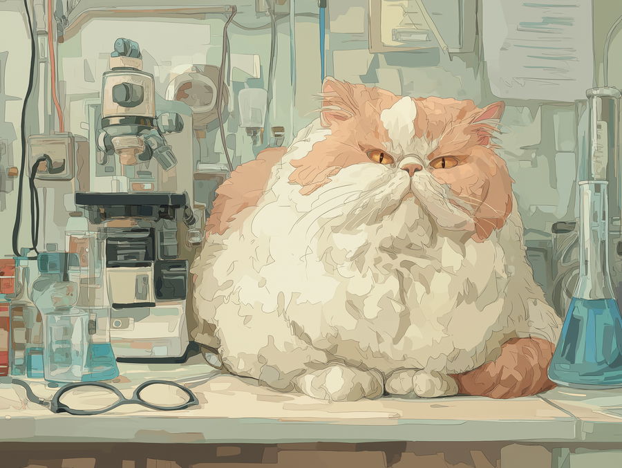 Fat panda-colored Persian cat in a science lab setting