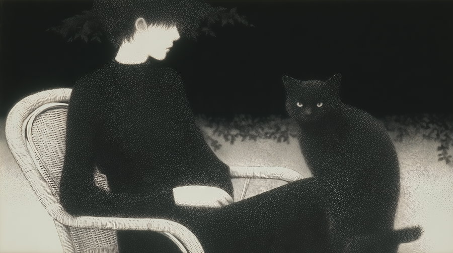 Man sitting with a cat on a Parisian terrace in autumn