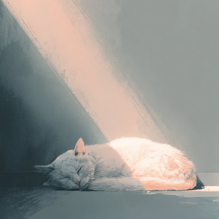Sleeping cat illuminated by soft white light in pastel tones