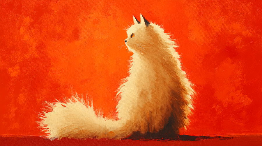 Fluffy Persian cat in cream tones on red background
