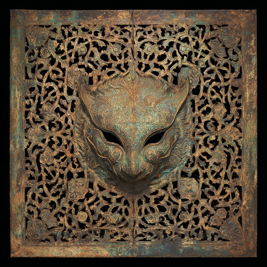 Bronze window screen featuring Persian geometry and dragon cat mask