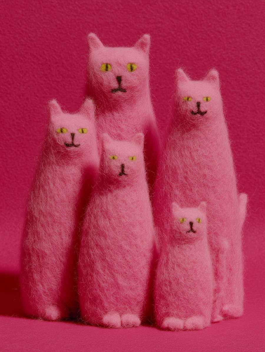 Five plush pink cats in a cozy felt scene