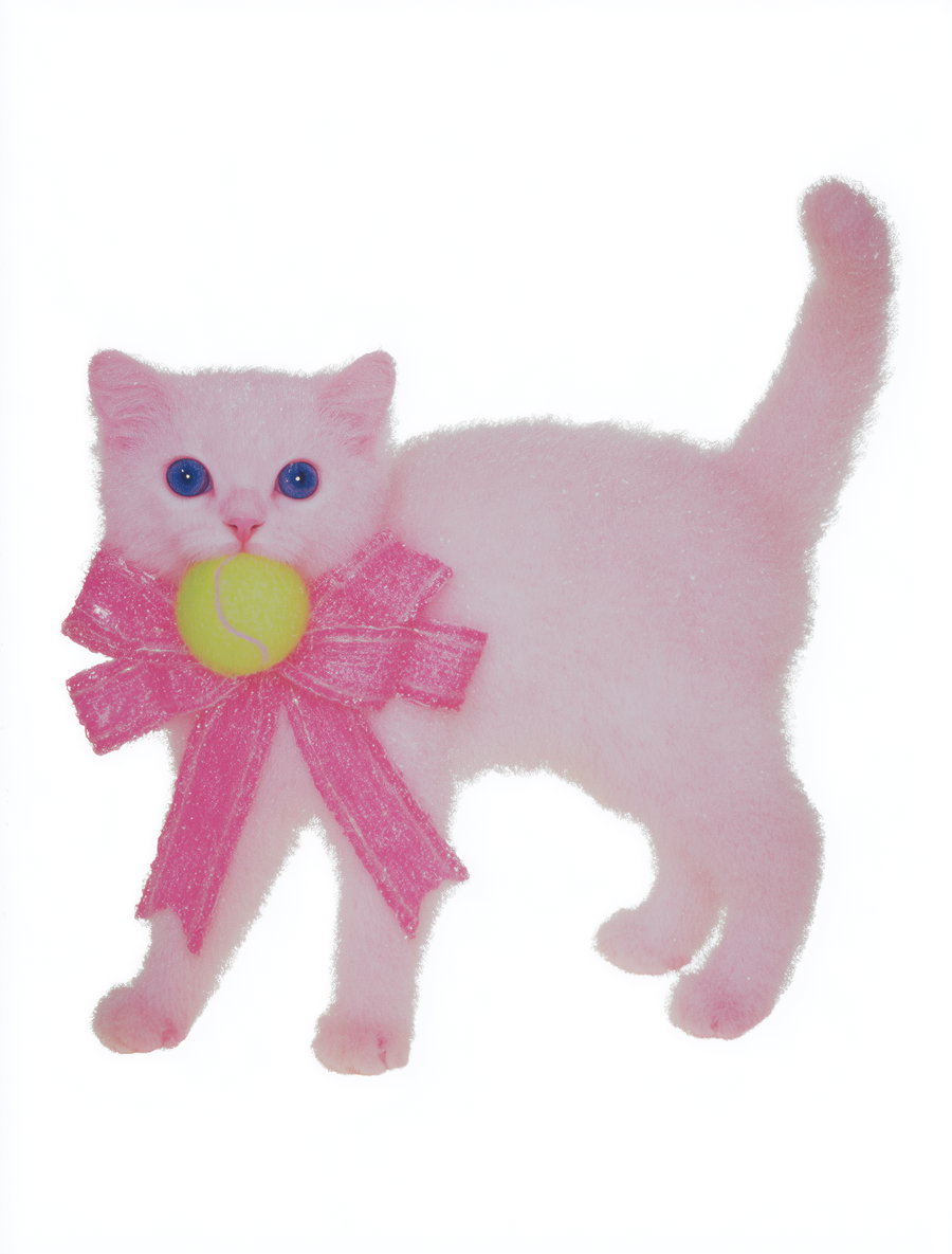 Pink cat with large bow and tennis ball on white background