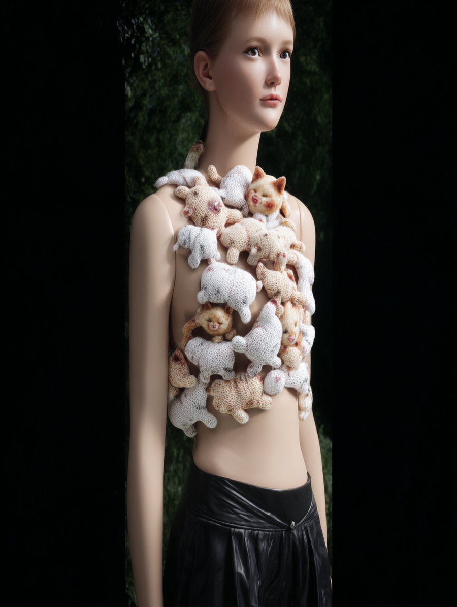 Plush cartoon cat vest in playful, soft sculpture design