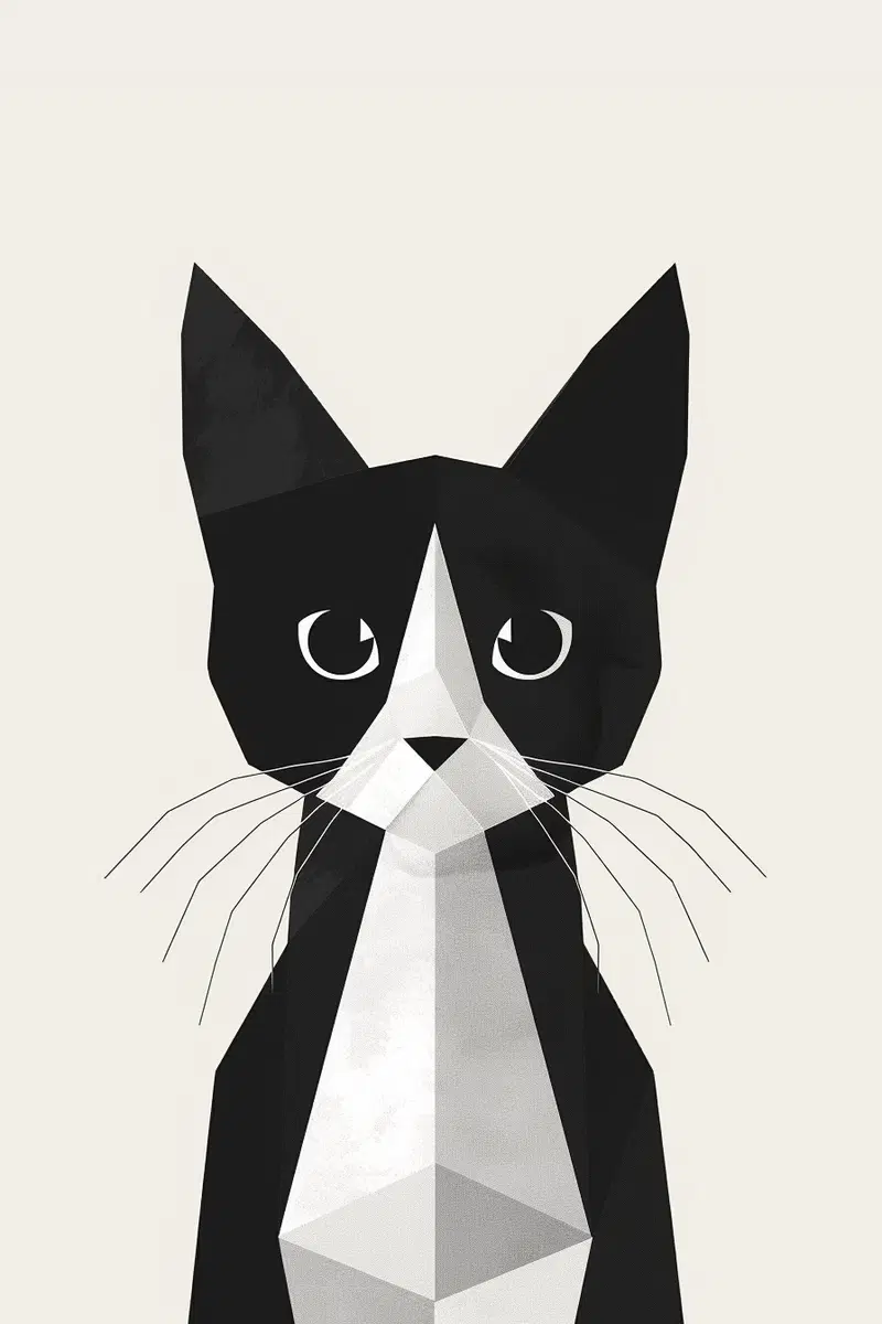 Abstract Cat Printable Wall Art in Black and White Geometric Design
