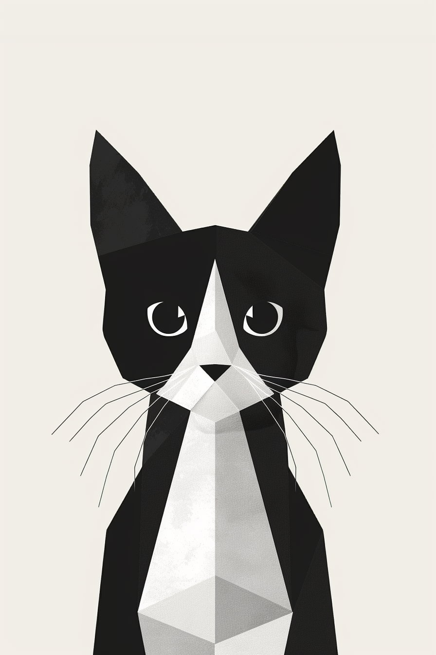 Abstract black and white cat design with geometric shapes