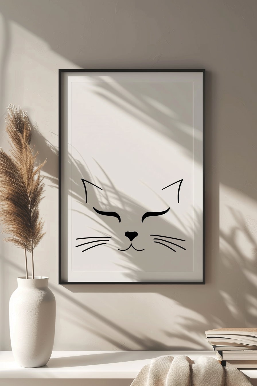 Minimalist cat face art with high contrast design