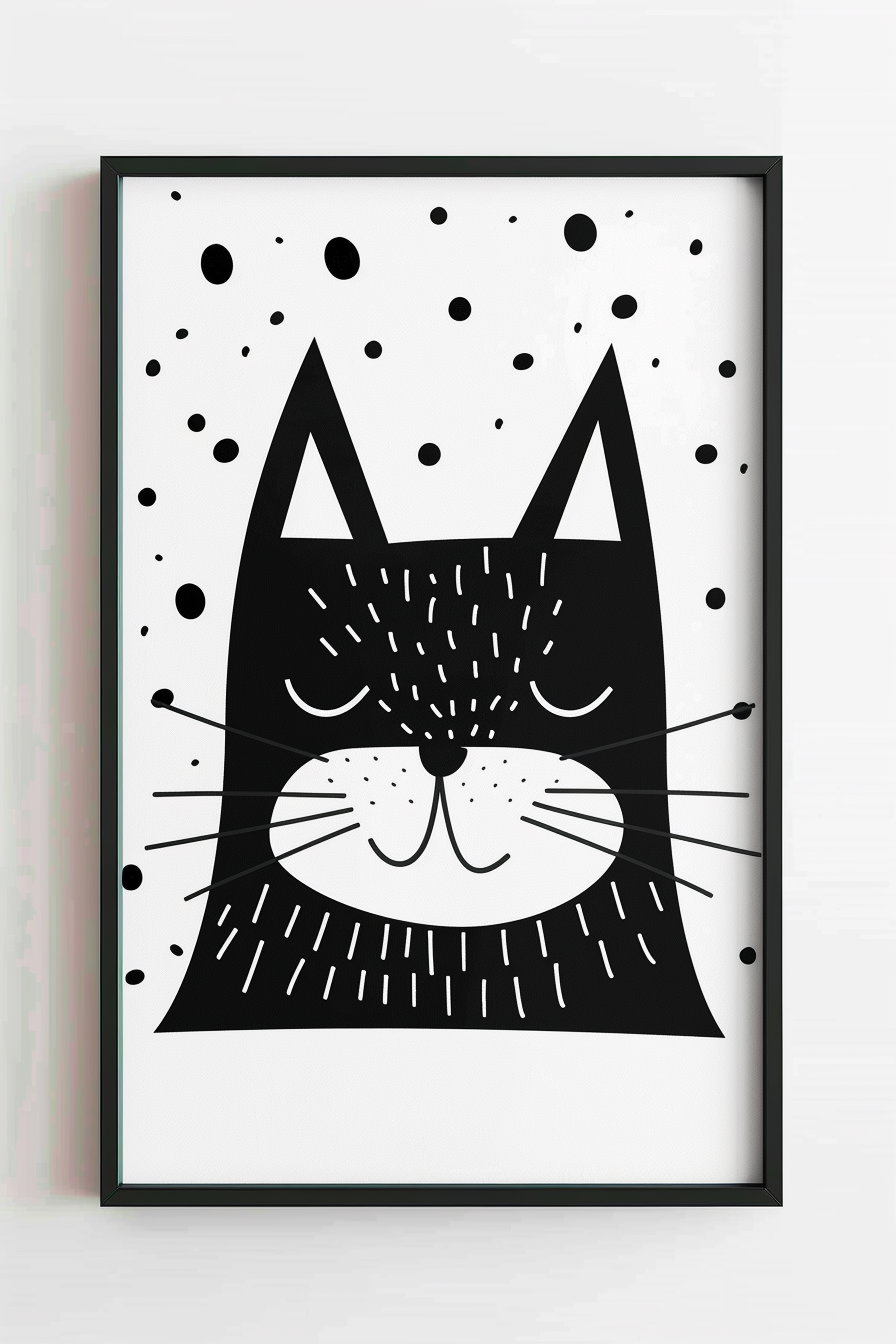 Abstract cat poster with minimal shapes on white background