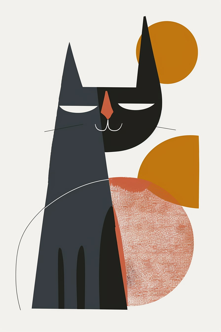 Abstract cat poster with minimal shapes on white background