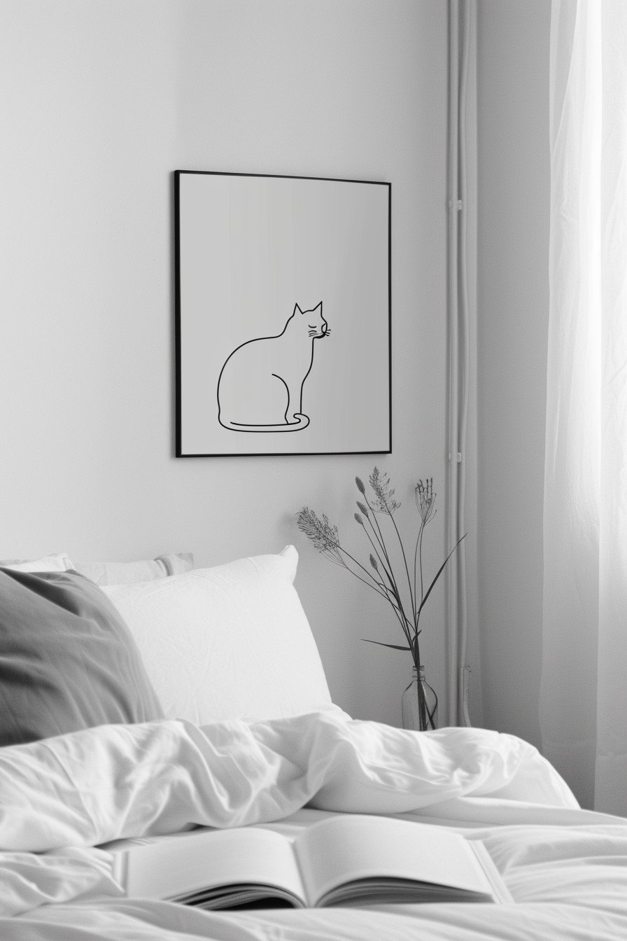 Minimalist black ink cat art on white background