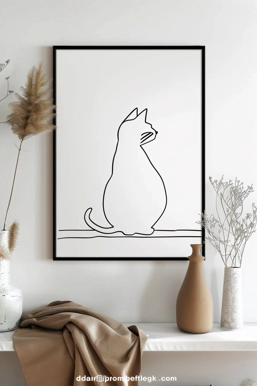 Minimalist black ink cat art on white background
