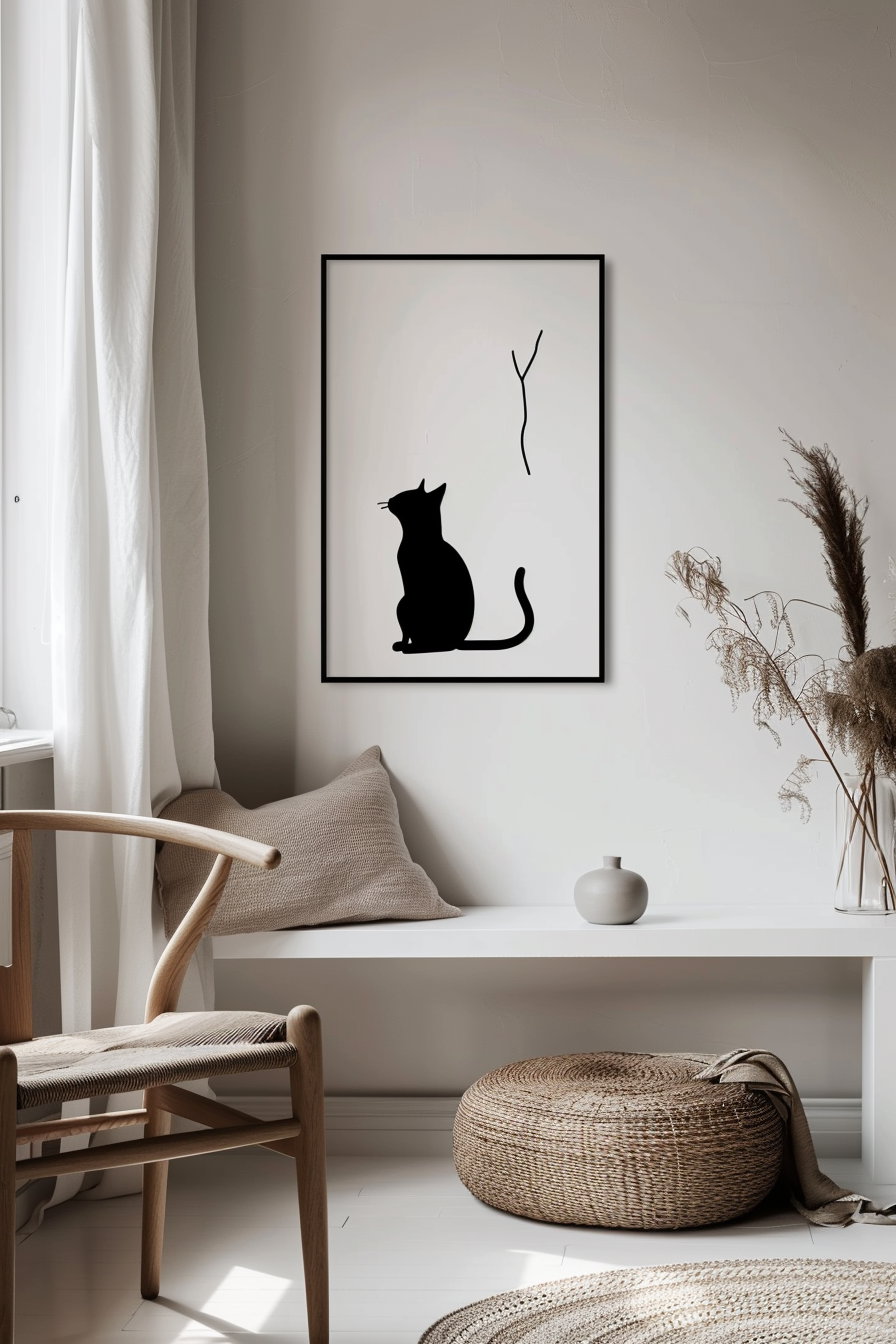 Minimalist black ink cat illustration on white background